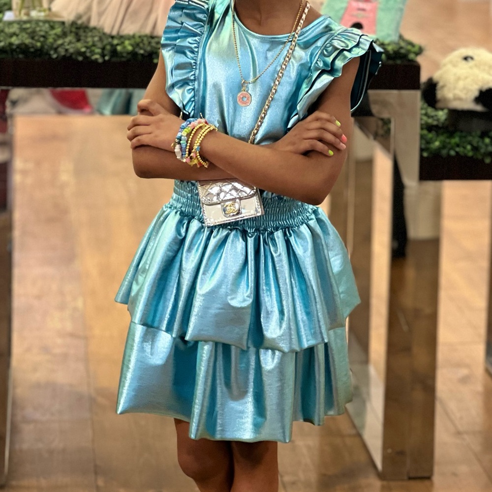 Metallic Blue Ruffled Dress for Kids